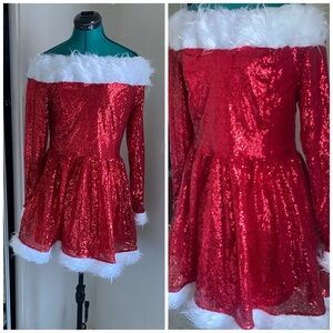 Santa Claus Red Sequin Mini Dress with White Fur Trim Size M